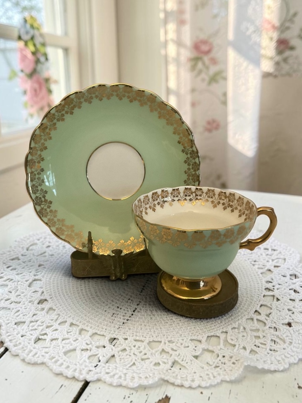 Vintage Rosina Bone China Cup & Saucer – Made in England – Mint Green